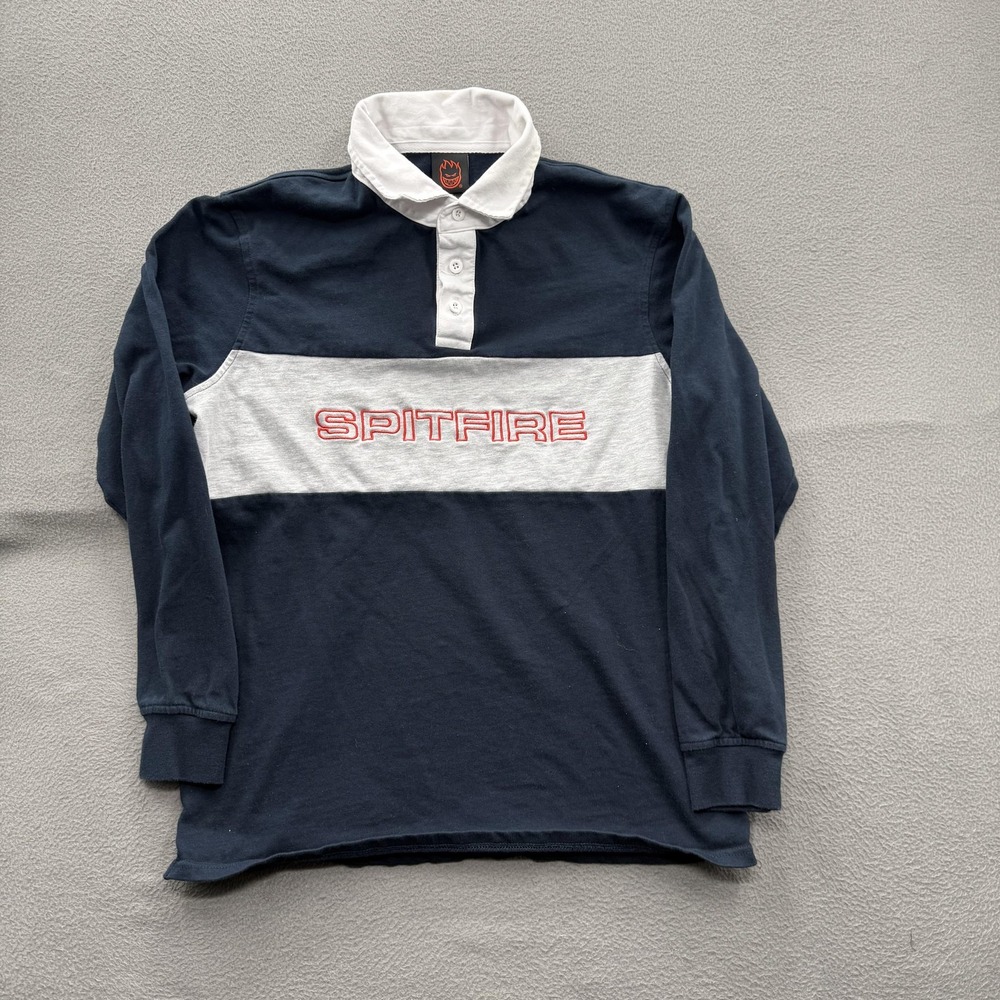 Spitfire Polo Shirt Mens Small Blue Gray White Colorblock Long Sleeve Skate